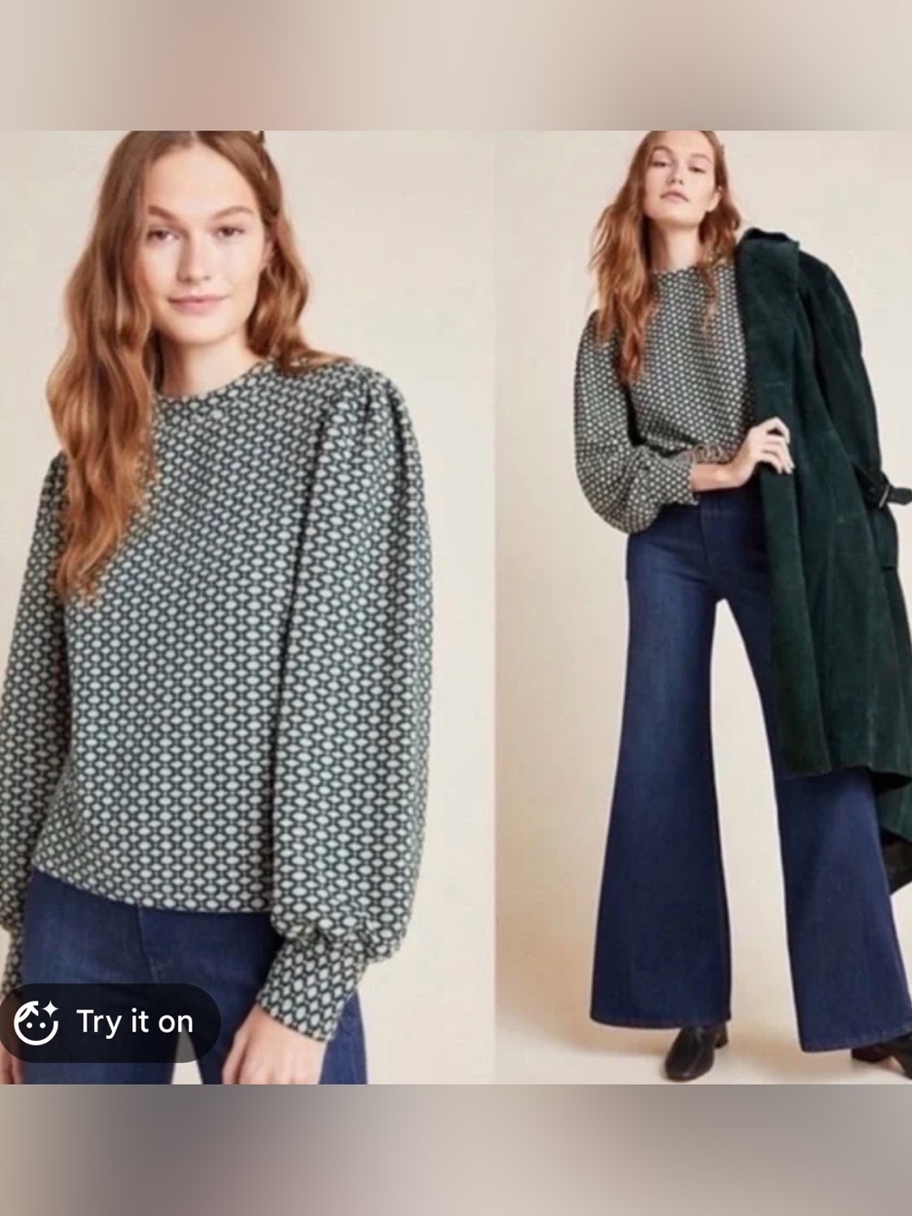 MAEVE | Anthropologie Puff Long Sleeve Green Geometric Top
